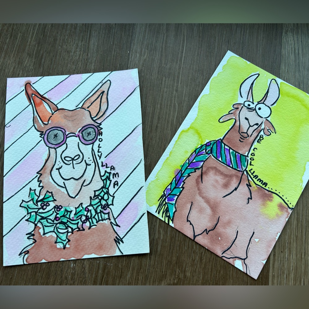 Colorful Llama Art Prints Watercolor and Ink Originals 5x7